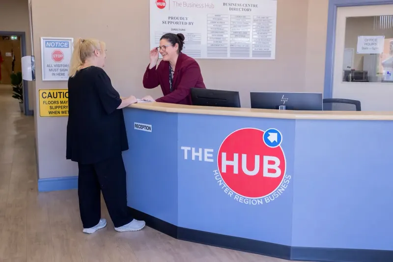 The Hub reception desk, where visitors to the offices are welcomed